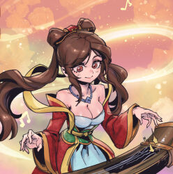Rule 34 | 1girl, bare shoulders, bead necklace, beads, breasts, brown eyes, brown hair, cleavage, double bun, guqin sona, hair bun, instrument, jacket, jewelry, large breasts, league of legends, long hair, long sleeves, musical note, necklace, official alternate costume, parted bangs, phantom ix row, red jacket, shiny skin, smile, solo, sona (league of legends)