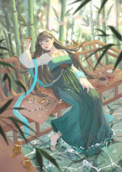 Rule 34 | 1girl, absurdres, bamboo, barefoot, bench, bird, black hair, board game, day, dress, go (board game), green dress, green eyes, highres, jewelry, leaf, liliantsai0417, long hair, long sleeves, necklace, original, outdoors, parted lips, plant, soaking feet, solo, very long hair, water, wide shot