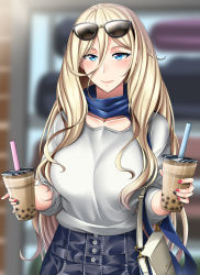 Rule 34 | 1girl, aqua eyes, bag, blue scarf, blurry, blurry background, bubble tea, commentary request, eyewear on head, high-waist pants, highres, kantai collection, kome cola, mole, mole under eye, mole under mouth, multicolored nails, nail polish, pants, red nails, richelieu (kancolle), scarf, shirt, shoulder bag, smile, solo, sunglasses, white shirt