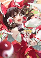 Rule 34 | 1girl, abstract background, ascot, back bow, bare shoulders, black hair, blush, bow, brown eyes, chest sarashi, commentary, detached sleeves, floral print, frilled ascot, frilled bow, frilled sleeves, frills, gohei, hair between eyes, hair bow, hair tubes, hakurei reimu, highres, holding, japanese clothes, long hair, midriff peek, nontraditional miko, ofuda, open mouth, orb, red bow, red skirt, revision, ribbon-trimmed sleeves, ribbon trim, sarashi, sidelocks, skirt, smile, solo, syuri22, touhou, white sleeves, wide sleeves, yellow ascot, yin yang, yin yang orb