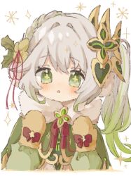 Rule 34 | 1girl, :o, blush, bow, braid, brown mittens, capelet, commentary request, cross-shaped pupils, earmuffs, eyelashes, fur-trimmed capelet, fur trim, genshin impact, gold trim, gradient hair, green capelet, green eyes, green hair, hair between eyes, hair intakes, hair ornament, hands up, highres, long hair, long sleeves, looking at viewer, mittens, mugi062, multicolored hair, nahida (genshin impact), open mouth, ponytail, red bow, red ribbon, ribbon, side ponytail, sidelocks, simple background, single braid, solo, sparkle, streaked hair, symbol-shaped pupils, upper body, white background, white hair