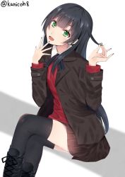 Rule 34 | 10s, 1girl, absurdres, agano (kancolle), bad id, bad pixiv id, black footwear, black hair, boots, brown jacket, earrings, eyelashes, fingernails, green eyes, heart, heart earrings, highres, jacket, jewelry, kanikou, kantai collection, long hair, looking at viewer, necktie, open mouth, pleated skirt, red shirt, shirt, skirt, smile, solo, thighhighs, zettai ryouiki