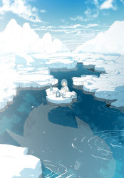 Rule 34 | 1other, afloat, cloud, commentary request, day, demizu posuka, closed eyes, fish, ice, iceberg, lamp, original, outdoors, ripples, seal (animal), shirt, sitting, solo, water, white shirt