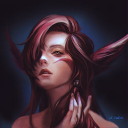 Rule 34 | 1girl, bare shoulders, black background, gradient background, hair over one eye, highres, league of legends, linp (chenni shenlin), long hair, looking at viewer, portrait, red hair, red lips, solo, teeth, translation request, xayah