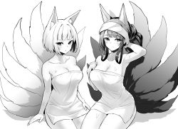 Rule 34 | 2girls, akagi (azur lane), alternate hairstyle, animal ears, azur lane, bare shoulders, blush, breasts, cleavage, closed mouth, collarbone, fox ears, fox girl, fox tail, greyscale, highres, hori (hori no su), kaga (azur lane), large breasts, long hair, looking at viewer, monochrome, multiple girls, naked towel, short hair, simple background, smile, sweat, tail, towel, white background
