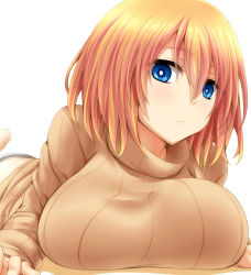 Rule 34 | 1girl, barefoot, blonde hair, blue eyes, blush, breasts, closed mouth, female focus, frown, hair between eyes, highres, large breasts, long sleeves, looking at viewer, lying, on stomach, original, ribbed sweater, setana, short hair, simple background, solo, sweater, turtleneck, watarui, white background