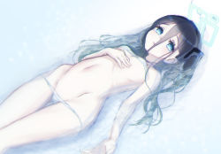 Rule 34 | 1girl, aris (blue archive), bad id, bad pixiv id, bikini, blue archive, blue eyes, blue hair, breasts, commentary request, dark blue hair, groin, hair between eyes, halo, highres, long hair, lying, micro bikini, navel, shi0n krbn, simple background, small breasts, solo, swimsuit, water, white background