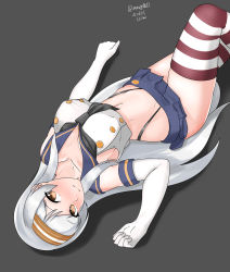 Rule 34 | 1girl, black hairband, black neckerchief, black panties, blue sailor collar, blue skirt, brown eyes, brown hairband, cosplay, crop top, elbow gloves, gloves, grey background, hairband, highleg, highleg panties, highres, kantai collection, long hair, lying, maru (marg0613), microskirt, miniskirt, neckerchief, panties, pleated skirt, sailor collar, shimakaze (kancolle), shimakaze (kancolle) (cosplay), shoukaku (kancolle), simple background, skirt, sleeveless, solo, striped clothes, striped thighhighs, thighhighs, underwear, white gloves, white hair