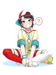 Rule 34 | 1girl, ?, asymmetrical legwear, backwards hat, baseball cap, blue eyes, blush, commentary, full body, grin, hat, highres, hololive, indian style, isuka, looking at viewer, mismatched legwear, oozora subaru, oozora subaru (1st costume), red thighhighs, shirt, shoes, short hair, short shorts, short sleeves, shorts, signature, simple background, sitting, smile, solo, spoken question mark, stopwatch, stopwatch around neck, striped clothes, striped shirt, thighhighs, v arms, vertical-striped clothes, vertical-striped shirt, virtual youtuber, watch, whistle, whistle around neck, white background, white footwear, white shorts, white thighhighs, wristband