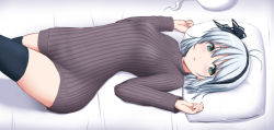 Rule 34 | 1girl, alternate costume, antenna hair, bed sheet, black hairband, black ribbon, black thighhighs, blush, breasts, commentary request, covered erect nipples, cowboy shot, green eyes, grey sweater, hair ribbon, hairband, hands up, highres, hitodama, konpaku youmu, konpaku youmu (ghost), long sleeves, looking at viewer, lying, medium breasts, no pants, nori tamago, on back, parted lips, pillow, ribbed sweater, ribbon, shadow, short hair, silver hair, solo, sweater, thighhighs, thighs, touhou