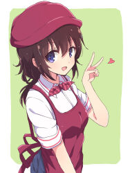 Rule 34 | 1girl, :d, apron, beret, bow, bowtie, commentary request, green background, hat, heart, highres, looking at viewer, machikado mazoku, mel (melty pot), open mouth, purple eyes, red apron, red bow, red bowtie, red hat, sata anri, shirt, short sleeves, smile, solo, striped bow, striped bowtie, striped clothes, v, white shirt