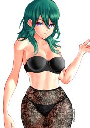 Rule 34 | &gt;:(, 1girl, aqua hair, bare arms, bare legs, bare shoulders, black bra, black panties, blue eyes, bra, breasts, byleth (female) (fire emblem), byleth (fire emblem), cleavage, closed mouth, collarbone, female focus, fire emblem, fire emblem: three houses, hair between eyes, hand up, highres, large breasts, legs, lingerie, long hair, looking at viewer, midriff, navel, neck, nintendo, panties, pantyhose, purple eyes, serious, simple background, solo, standing, strapless, strapless bra, twitter username, underwear, white background