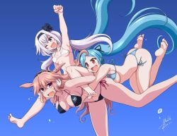 Rule 34 | .live, 3girls, absurdres, animal ears, aqua hair, ass, barefoot, blush, breasts, brown hair, carro pino, cleavage, covered erect nipples, gradient background, hair between eyes, highres, large breasts, long hair, medium breasts, memekichi, mokota mememe, multiple girls, open mouth, pink eyes, purple eyes, purple hair, red eyes, sheep ears, signature, small breasts, smile, straddling, swimsuit, thick eyebrows, very long hair, virtual youtuber, yamato iori