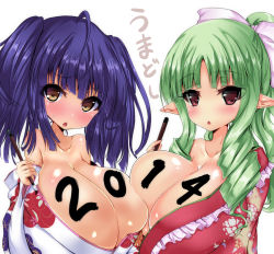 Rule 34 | 10s, 2014, 2girls, ahoge, bad id, bad pixiv id, blue hair, blunt bangs, blush, body writing, breasts, brown eyes, brush, chestnut mouth, cleavage, collarbone, drill hair, drill sidelocks, embarrassed, eyes visible through hair, female focus, green hair, hair ribbon, huge breasts, long hair, multiple girls, pointy ears, poko chin, red eyes, ribbon, shiny skin, sidelocks, simple background, white background