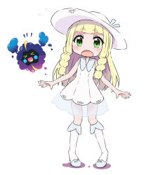 Rule 34 | &gt; &lt;, 1girl, bare shoulders, blonde hair, blue footwear, blue ribbon, blunt bangs, blush, braid, chibi, closed eyes, collarbone, collared dress, commentary request, cosmog, creatures (company), dress, flying sweatdrops, full body, game freak, gen 7 pokemon, green eyes, hat, hat ribbon, kneehighs, legendary pokemon, lillie (pokemon), long hair, nintendo, open mouth, pokemon, pokemon (creature), pokemon sm, ribbon, see-through, shadow, shoes, short eyebrows, simple background, sleeveless, sleeveless dress, socks, standing, sun hat, sundress, thick eyebrows, tiptoes, toshi mellow-pretty, twin braids, white background, white dress, white hat, white socks