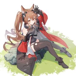 Rule 34 | 1girl, angelina (arknights), angelina (endfield) (arknights), animal ear fluff, animal ears, arknights, arknights: endfield, bare shoulders, belt, black collar, black footwear, black gloves, black thighhighs, coat, collar, diamond-shaped pupils, diamond (shape), earpiece, fox ears, fox girl, gloves, grass, headpiece, high belt, highres, on grass, open clothes, open coat, red coat, rock, sitting, sitting on rock, smile, solo, symbol-shaped pupils, thighhighs, twintails, wide sleeves, yunweishukuang