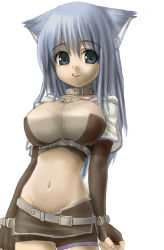 Rule 34 | 1girl, animal ears, arms at sides, asanagi, belt, blue eyes, blue hair, breasts, brown gloves, cat ears, collar, fang, fingerless gloves, gloves, hunter (ragnarok online), impossible clothes, impossible shirt, large breasts, long hair, matching hair/eyes, midriff, navel, ragnarok online, shirt, smile, solo, wrist belt