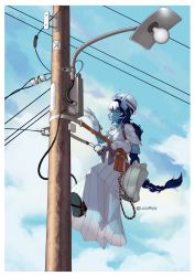 Rule 34 | 1girl, blue hair, blue skin, blue sky, braid, braided ponytail, cable, cloud, cloudy sky, colored skin, day, dmitriy samarkin, dress, gloves, grey sash, hat, highres, horns, long hair, oni, oni horns, original, outdoors, power lines, repairing, sky, solo, traditional youkai, twitter username, utility pole, very long hair, white dress, white gloves, white hat