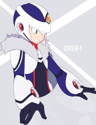 Rule 34 | 1boy, android, character name, cropped torso, expressionless, fur collar, green eyes, grey background, helmet, male focus, over-1 (mega man), mega man (series), rockman xover, simple background, solo, x