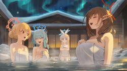 Rule 34 | 4girls, animal ears, aqua hair, aurora, blonde hair, blue archive, blue eyes, breasts, brown hair, cherino (blue archive), cherino (hot spring) (blue archive), chinatsu (blue archive), chinatsu (hot spring) (blue archive), cleavage, crossed arms, cup, fake facial hair, fake mustache, grey hair, hair bun, halo, highres, holding, holding cup, hood (james x), large breasts, long hair, medium breasts, multiple girls, naked towel, name tag, night, nodoka (blue archive), nodoka (hot spring) (blue archive), one-piece swimsuit, onsen, open mouth, outdoors, pointy ears, red eyes, school swimsuit, shigure (blue archive), shigure (hot spring) (blue archive), single hair bun, sky, small breasts, snow, steam, swimsuit, towel, very long hair, water, white one-piece swimsuit