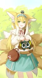 Rule 34 | 1girl, :3, :d, absurdres, animal ears, arknights, basket, blonde hair, brown bag, cardigan, commentary request, day, duku (hus7788950), floral print, fox ears, fox girl, fox tail, green eyes, green hairband, green skirt, hair between eyes, hair ribbon, hairband, highres, holding, holding basket, long hair, long sleeves, looking at viewer, multicolored hair, multiple tails, neck ribbon, open mouth, outdoors, red ribbon, ribbon, signature, skirt, smile, suzuran (arknights), tail, two-tone hair, white hair, white ribbon