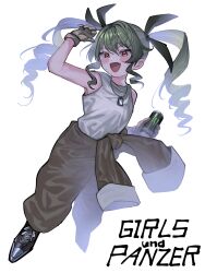 Rule 34 | 1girl, :d, anchovy (girls und panzer), arm up, bare shoulders, blush, brown jumpsuit, can, clothes around waist, commentary request, copyright name, cross-laced footwear, drill hair, drink can, energy drink, fang, girls und panzer, gloves, green hair, hair between eyes, hair ribbon, highres, holding, holding can, jumpsuit, long hair, long sleeves, looking at viewer, machishita atake, monster energy, open jumpsuit, open mouth, red eyes, ribbon, simple background, smile, soda can, solo, sweat, sweatdrop, tank top, twin drills, twintails, white background, white tank top