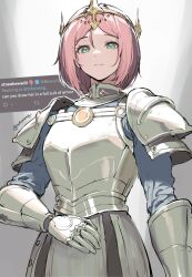 Rule 34 | 1girl, armor, bob cut, breastplate, closed mouth, colored bangs, commentary, cowboy shot, english commentary, english text, frown, gauntlets, green eyes, hair between eyes, highres, looking at viewer, osu!, parted bangs, pauldrons, pink hair, pippi (osu!), screenshot inset, short hair, shoulder armor, sidelocks, solo, tagme, tofumang, twitter screenshot, twitter username