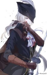 1girl artist_name ascot black_coat black_hat blood blood_on_clothes blood_on_face bloodborne blue_eyes brown_gloves coat gloves hashtag-only_commentary hat hat_feather highres holding holding_sword holding_weapon lady_maria_of_the_astral_clocktower long_hair low_ponytail simple_background solo susukeya sword tricorne twitter_username weapon white_ascot white_background white_hair