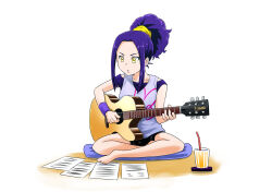 Rule 34 | 1girl, alternate hairstyle, barefoot, black shorts, blue tank top, commentary, cup, drinking glass, drinking straw, guitar, hair ornament, hair scrunchie, hair up, highres, holding, holding instrument, indian style, instrument, juice, kurokawa eren, medium hair, music, on pillow, paper, parted lips, pillow, playing instrument, ponytail, precure, purple hair, purple shirt, satou yasu, scrunchie, shirt, short shorts, shorts, sidelocks, simple background, sitting, sleeveless, sleeveless shirt, solo, suite precure, tank top, white background, wristband, yellow eyes, yellow scrunchie