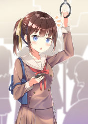 Rule 34 | 1girl, :o, bag, blue eyes, blurry, blurry background, blush, breasts, brown hair, brown shirt, brown skirt, buttons, cellphone, collarbone, commentary request, crowd, double-breasted, duffel bag, hair ribbon, hand up, highres, holding, holding phone, long hair, long sleeves, looking at viewer, miniskirt, neck ribbon, notice lines, original, parted lips, phone, ponytail, red neckwear, ribbon, sailor collar, sasha chii, school bag, school uniform, shirt, sidelocks, signature, skirt, small breasts, solo focus, standing, star (symbol), train interior, upper body, white sailor collar, yellow ribbon