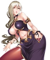 Rule 34 | 1girl, armlet, bare shoulders, blonde hair, bow, bracelet, breasts, choker, collarbone, covered erect nipples, dress, elf, female focus, gem, hair between eyes, highres, hip focus, jewelry, katejina (taimanin asagi), large breasts, lips, long hair, looking at viewer, lying, mole, mole under eye, nail polish, navel, nipples, no bra, on back, open mouth, parted lips, pointy ears, purple dress, red thighhighs, sano toshihide, shiny clothes, simple background, skindentation, solo, taimanin (series), taimanin asagi, taimanin asagi kessen arena, thighhighs, tight clothes, very long hair, white background, yellow eyes