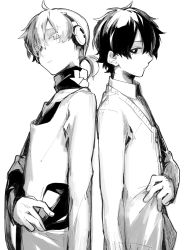 Rule 34 | 2boys, back-to-back, black hair, cardigan, collar, collared shirt, dual persona, from side, greyscale, headphones, kagerou project, kokonose haruka, konoha (kagerou project), looking at another, male focus, mole, mole under eye, monochrome, multiple boys, ponytail, shirt, sidu (dsd kgn), simple background, white background, white hair