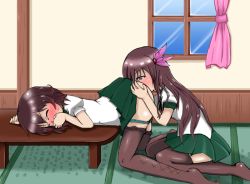 Rule 34 | 10s, 2girls, anilingus, bent over, blush, bonbobon, brown eyes, brown hair, closed eyes, covering own mouth, curtains, face in ass, female focus, from side, hair ornament, hand over own mouth, indoors, kantai collection, kisaragi (kancolle), kneeling, long hair, multiple girls, mutsuki (kancolle), open mouth, oral, panties, panty pull, pantyhose, school uniform, serafuku, short hair, skirt, table, thighhighs, underwear, window, yuri