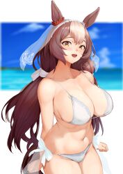 Rule 34 | 1girl, animal ears, arms at sides, bikini, blue sky, breasts, brown eyes, brown hair, cleavage, clenched hands, cloud, collarbone, commission, covered erect nipples, day, effort star, hair ribbon, highres, horse ears, horse girl, horse tail, large breasts, long hair, multicolored hair, ocean, open mouth, outdoors, ribbon, sarong, see-through, see-through sarong, simple background, sky, smile, solo, standing, swimsuit, tail, teeth, two-tone hair, umamusume, upper teeth only, veil, very long hair, white background, white bikini, white hair, yamanin zephyr (umamusume)