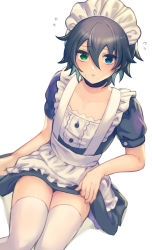Rule 34 | 1boy, alternate costume, apron, black choker, black dress, blue eyes, blush, choker, closed mouth, collarbone, commentary request, crossdressing, dress, enmaided, flying sweatdrops, frilled apron, frills, from above, green eyes, green hair, hair between eyes, heterochromia, hypnosis mic, looking at viewer, maid, maid apron, maid headdress, male focus, mole, mole under eye, mole under mouth, puffy short sleeves, puffy sleeves, short dress, short sleeves, simple background, sitting, solo, sweatdrop, thighhighs, trap, white background, white thighhighs, yamada saburo, yoruhachi