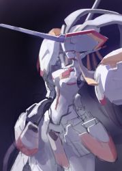 Rule 34 | 1girl, armor, armored dress, black background, darling in the franxx, from side, horns, huanxiang huifeng, mecha, mechanical arms, mechanical legs, mechanical parts, necktie, robot, single horn, strelizia