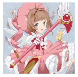 Rule 34 | bow, brown hair, cardcaptor sakura, child, clow card, dress, gloves, green eyes, highres, holding, holding wand, kero (cardcaptor sakura), kinomoto sakura, magical girl, negomori, open mouth, pink dress, pink headwear, red bow, wand, white gloves, wings