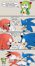 Rule 34 | 1girl, 2boys, 3koma, blue eyes, comic, cosmo (sonic), crying, fighting, furry, furry male, gloves, green eyes, highres, knuckles the echidna, looking at another, multiple boys, own hands together, purple eyes, risziarts, smile, sonic (series), sonic the hedgehog, sonic x