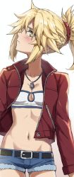 Rule 34 | 1girl, belt, belt bra, blonde hair, blue shorts, blush, bra, closed mouth, commentary request, cowboy shot, denim, denim shorts, fate/apocrypha, fate (series), green eyes, highres, jacket, jewelry, mordred (fate), mordred (fate/apocrypha), mordred (memories at trifas) (fate), navel, necklace, open clothes, open jacket, ponytail, profile, red jacket, short shorts, shorts, solo, toned, tonee, underwear, white background, white bra