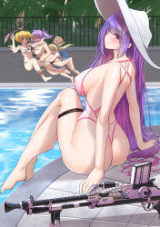Rule 34 | 4girls, ass, bare arms, bare shoulders, bikini, blonde hair, breasts, chinese commentary, closed eyes, closed mouth, commentary request, from behind, full body, girls&#039; frontline, gun, hat, highres, large breasts, long hair, looking at viewer, looking back, medium hair, multiple girls, one-piece swimsuit, one-piece thong, outdoors, pool, poolside, popoman, ppsh-41 (girls&#039; frontline), purple eyes, purple hair, red star, sitting, smile, spectre m4 (girls&#039; frontline), star (symbol), swimsuit, thigh strap, wardrobe malfunction, water, weapon, welrod mkii (girls&#039; frontline), white headwear, zb-26 (girls&#039; frontline)