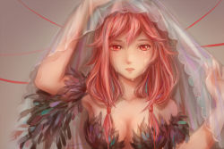 Rule 34 | 10s, 1girl, bare shoulders, breasts, cleavage, crying, crying with eyes open, emalfire, feathers, guilty crown, hair ornament, hairclip, looking at viewer, open mouth, pink hair, red eyes, solo, tears, twintails, veil, yuzuriha inori