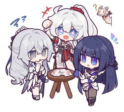 3girls :d ? ahoge bare_shoulders black_choker blue_eyes blunt_bangs bronya_zaychik bronya_zaychik_(silverwing:_n-ex) chibi choker dress drill_hair eta gloves grey_eyes grey_hair hair_ornament hair_ribbon half_up_braid half_updo hand_on_own_chin hongbao honkai_(series) honkai_impact_3rd kiana_kaslana kiana_kaslana_(ba-dum!_fiery_wishing_star) light_blush long_hair multiple_girls official_art open_mouth pantyhose peeking_out raiden_mei raiden_mei_(apho) ribbon rice_cake_(honkai_impact) sidelocks single_glove skirt smile star-shaped_pupils star_(symbol) sticker symbol-shaped_pupils thighs white_background white_hair