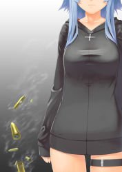 Rule 34 | 1girl, blue hair, breasts, collarbone, cross, dress, gradient background, head out of frame, hood, hoodie, military, military vehicle, motor vehicle, original, panzer iii, panzer iii, shell casing, shirt, sidelocks, sleeves past wrists, solo, sweater, sweater dress, tank, taut clothes, taut shirt, thigh strap, touko, vehicle