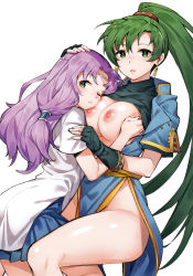 Rule 34 | :&lt;, black gloves, blue dress, breasts, bright pupils, circlet, clothes lift, dress, earrings, fingerless gloves, fire emblem, fire emblem: the blazing blade, florina (fire emblem), ge-b, gloves, green eyes, green hair, hand on another&#039;s head, head on chest, highres, jewelry, large breasts, long hair, looking at viewer, lyn (fire emblem), nintendo, nipples, no panties, one eye closed, parted lips, pelvic curtain, pleated skirt, ponytail, purple hair, scan, shirt lift, simple background, skirt, yuri