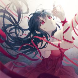 Rule 34 | 1girl, :o, backlighting, black hair, dress, from side, long hair, looking at hand, looking up, original, red dress, red eyes, red ribbon, red theme, ribbon, ribbonari, sleeveless, sleeveless dress, solo, very long hair, wide-eyed