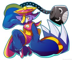 Rule 34 | chain, claws, cleavage cutout, clothing cutout, hat, kumo8159, lei lei, one eye covered, pants, purple hair, short hair, sleeves past wrists, vampire (game), wide sleeves, yellow eyes