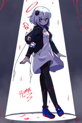 Rule 34 | 1girl, a-pose, absurdres, aqua pupils, black jacket, black leggings, blue eyes, blue hair, bob cut, buttons, cevio, character name, colored inner hair, cropped jacket, crossed bangs, crossed legs, drawn halo, drawn wings, dress, dripping, full body, hair ornament, halo, highres, hood, hood down, hooded jacket, jacket, kamitsubaki studio, leggings, long sleeves, multicolored eyes, multicolored hair, nicmangle, open clothes, open jacket, purple eyes, rime (cevio), shoes, short dress, signature, sneakers, solo, spotlight, standing, standing on one leg, white dress, white hair