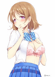 Rule 34 | 10s, 1girl, blush, bow, bowtie, bra, breasts, brown hair, collared shirt, flying sweatdrops, hand to own mouth, koizumi hanayo, looking at viewer, love live!, love live! school idol project, natsu (natume0504), open clothes, open shirt, purple eyes, school uniform, shirt, short hair, short sleeves, simple background, skirt, solo, twitter username, underwear, white shirt