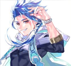 Rule 34 | 1boy, arm up, asymmetrical bangs, blue hair, bracelet, braid, braided ponytail, cape, child, closed mouth, cu chulainn (fate), earrings, fate/grand order, fate/grand order arcade, fate (series), grin, highres, hood, hood down, hooded cape, jewelry, long hair, long sleeves, looking at viewer, male focus, ponytail, red eyes, setanta (fate), simple background, single braid, skin tight, smile, solo, spiked hair, uni (nico02)