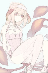 Rule 34 | 1girl, ainu clothes, animal ears, aquaplus, ass, bare shoulders, bird tail, blonde hair, breasts, choker, cleavage, closed mouth, collarbone, eyes visible through hair, from side, full body, gradient eyes, hair between eyes, hair over one eye, hairband, heels, highres, jewelry, knees up, large breasts, long hair, looking at viewer, multicolored eyes, necklace, negitempura, pale skin, panties, pantyshot, raised eyebrows, red eyes, sandals, see-through, see-through skirt, sidelocks, sitting, skirt, sleeveless, solo, suzuri (utawarerumono: lost flag), swimsuit, tail, thick thighs, thighs, underwear, utawarerumono, utawarerumono: lost flag, very long hair